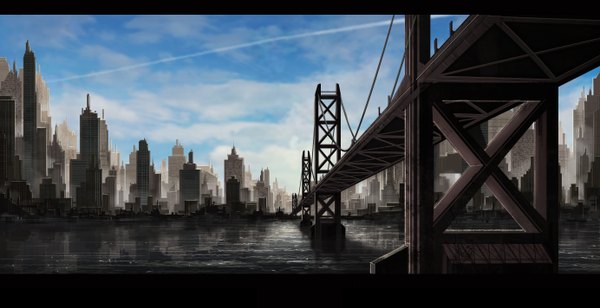 Anime picture 5536x2848 with original astrokevin (artist) highres wide image absurdres city cityscape water bridge skyscraper