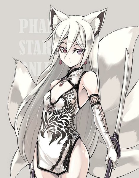 Anime picture 650x830 with phantasy star online touya (the-moon) single long hair tall image looking at viewer light erotic red eyes standing purple eyes bare shoulders holding animal ears white hair tail animal tail bare legs fox ears heterochromia fox tail