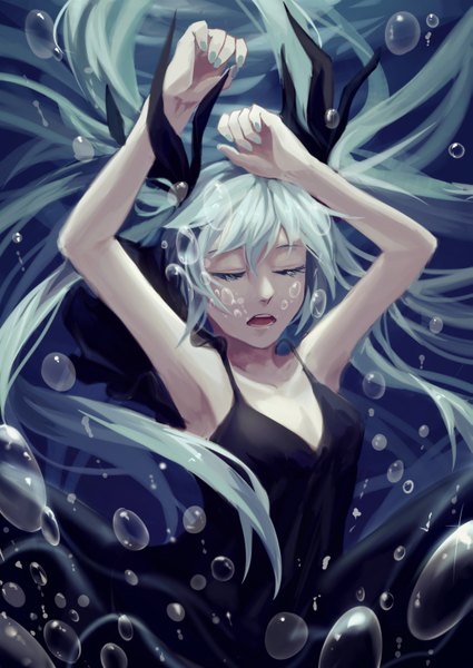 Anime picture 2149x3035 with vocaloid shinkai shoujo (vocaloid) hatsune miku lama-pacos single long hair tall image blush highres open mouth twintails bare shoulders eyes closed aqua hair arms up teeth armpit (armpits) underwater girl dress