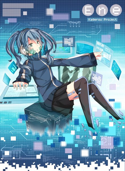Anime picture 779x1063 with kagerou project shaft (studio) ene (kagerou project) yumi-09 (gallian lim) single long hair tall image fringe blue eyes sitting twintails blue hair looking away pleated skirt wide sleeves zettai ryouiki girl skirt jacket headphones