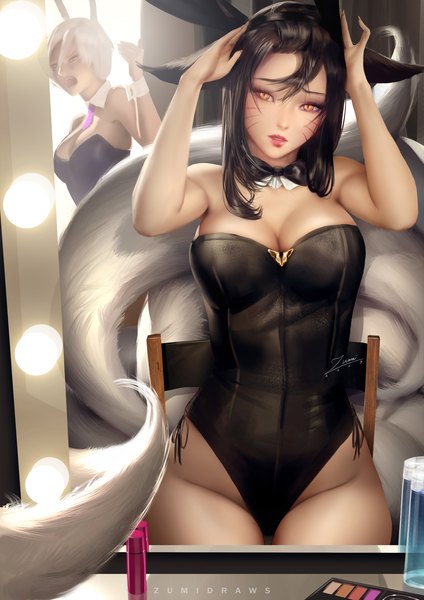 Anime picture 2481x3508 with league of legends ahri (league of legends) riven (league of legends) battle bunny riven zumi (zumidraws) long hair tall image fringe highres short hair breasts open mouth light erotic black hair hair between eyes large breasts standing sitting multiple girls brown eyes
