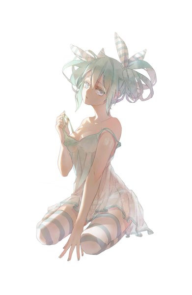 Anime picture 1718x2637 with vocaloid hatsune miku momozi (mkingnight) single long hair tall image looking at viewer blush highres light erotic simple background white background sitting bare shoulders cleavage aqua eyes aqua hair girl thighhighs dress