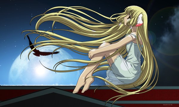 Anime picture 3500x2100 with chobits chii single long hair highres blonde hair wide image sitting brown eyes wind night night sky looking up leg hug girl animal bird (birds) moon full moon hair tubes