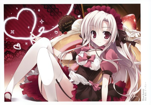 Anime picture 3475x2406 with original karory single long hair looking at viewer blush highres smile red eyes absurdres white hair scan girl thighhighs dress white thighhighs sweets cake