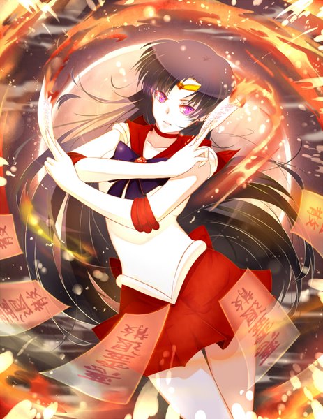 Anime picture 1200x1552 with bishoujo senshi sailor moon toei animation hino rei sailor mars phino (jinko0094) single long hair tall image looking at viewer black hair purple eyes magic fighting stance girl gloves elbow gloves white gloves flame circlet ofuda