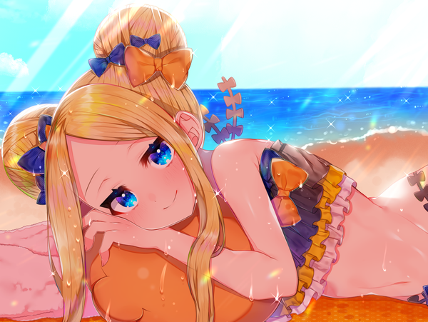 Anime picture 1500x1129 with fate (series) fate/grand order abigail williams (fate) akirannu single long hair looking at viewer blush fringe blue eyes light erotic blonde hair payot sky cloud (clouds) upper body lying sunlight sparkle wet