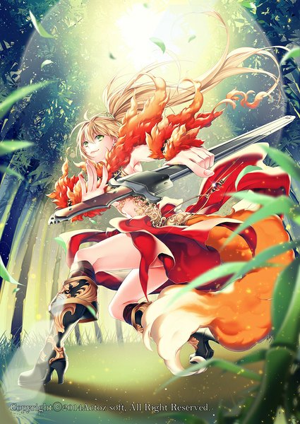 Anime picture 620x875 with million arthur (series) kaku-san-sei million arthur square enix arthur (techno smith) mirunai single long hair tall image blonde hair smile standing bare shoulders green eyes bent knee (knees) sunlight from below high heels side ponytail sunbeam girl