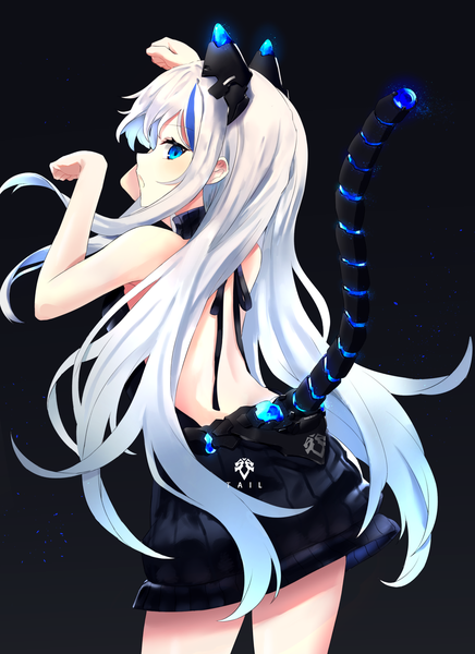 Anime picture 1200x1649 with original chamnaitu single long hair tall image looking at viewer blush fringe blue eyes simple background standing animal ears silver hair tail animal tail profile looking back multicolored hair from behind cat ears
