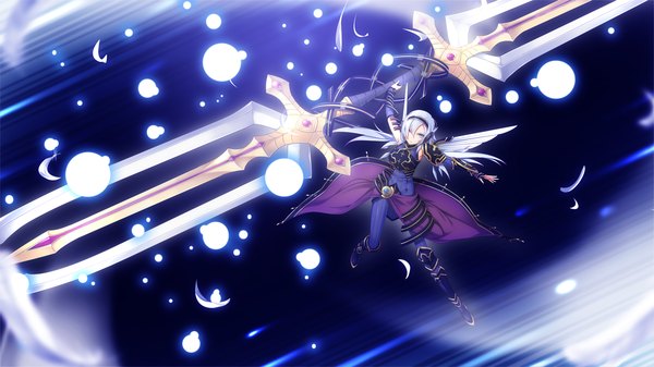 Anime picture 1280x720 with tentacle lord (game) tel-o single long hair wide image purple eyes game cg white hair girl weapon wings