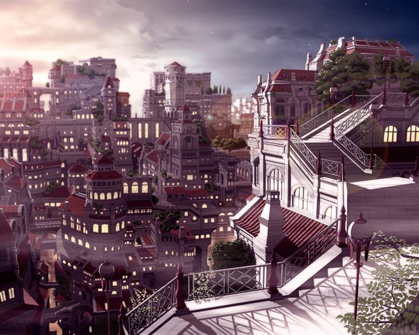 Anime picture 1280x1024 with original j-unit (lilykiss) lens flare city cityscape building (buildings) star (stars) stairs roof