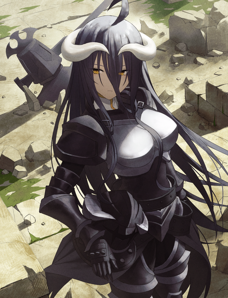 Anime picture 1091x1427 with overlord (maruyama) madhouse albedo (overlord) fagi (kakikaki) single long hair tall image fringe breasts black hair hair between eyes standing yellow eyes looking away ahoge outdoors horn (horns) from above demon girl helmet removed