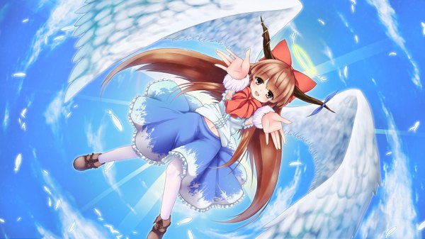 Anime picture 1600x900 with touhou ibuki suika ging (tokushima) single long hair blush brown hair wide image brown eyes sky cloud (clouds) girl dress bow hair bow wings halo