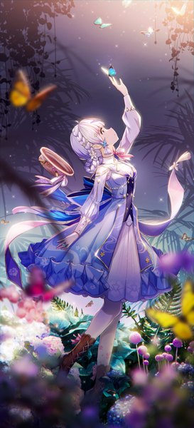 Anime picture 1792x3939 with genshin impact kamisato ayaka kamisato ayaka (springbloom missive) lengchan (fu626878068) single tall image highres short hair silver hair full body profile arm up official alternate costume looking up hat removed headwear removed girl dress hair ornament flower (flowers)
