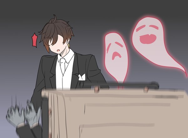 Anime picture 1000x738 with genshin impact hu tao (genshin impact) boo tao (genshin impact) zhongli (genshin impact) hayarob simple background brown hair gradient background ghost no face meme boy gloves suit hands coffin