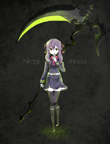 Anime picture 685x900 with owari no seraph wit studio hiiragi shinoa ayachiichan single long hair tall image looking at viewer fringe simple background hair between eyes standing holding brown eyes signed payot purple hair long sleeves zettai ryouiki character names