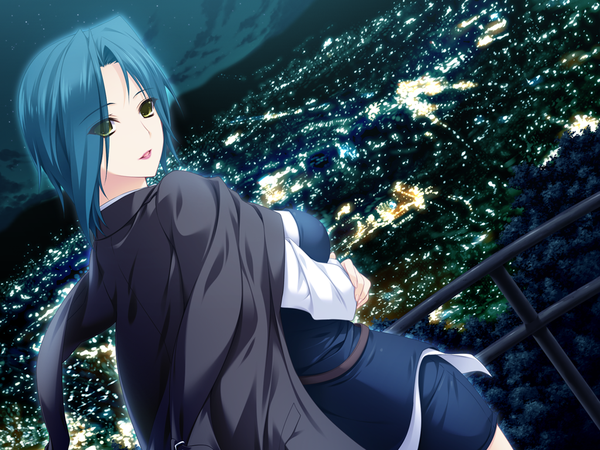 Anime picture 1024x768 with lovely x cation hibiki works kurokawa sera iizuki tasuku short hair green eyes blue hair game cg night girl