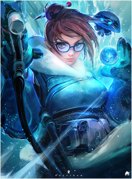 Anime picture 806x1088 with overwatch blizzard entertainment mei (overwatch) snowball (overwatch) rossdraws (ross tran) single tall image looking at viewer short hair brown hair brown eyes signed upper body lips realistic hair bun (hair buns) fur trim watermark girl gloves