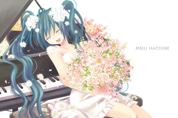 Anime picture 1498x1000 with vocaloid hatsune miku tagme (artist) single long hair blush open mouth twintails bare shoulders eyes closed hair flower aqua hair girl dress hair ornament flower (flowers) petals sundress musical instrument bouquet