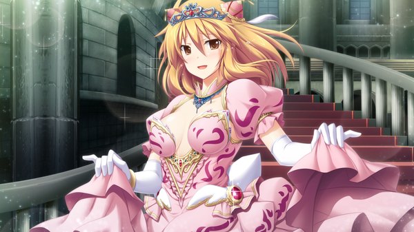Anime picture 1024x576 with soukoku no arterial single long hair open mouth brown hair wide image brown eyes game cg tears girl dress gloves elbow gloves tiara