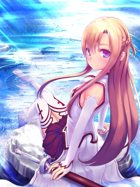 Anime picture 1200x1600 with sword art online a-1 pictures yuuki asuna sasakawa arumi single long hair tall image blush blonde hair purple eyes looking back girl thighhighs skirt weapon detached sleeves miniskirt white thighhighs sword