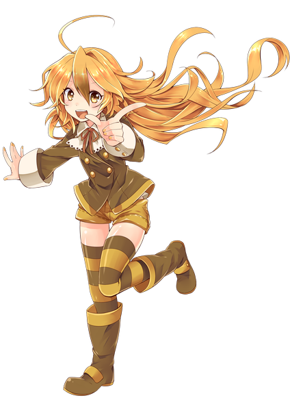 Anime picture 1446x2046 with toudou charo long hair tall image looking at viewer blush open mouth blonde hair yellow eyes ahoge transparent background girl thighhighs shorts boots striped thighhighs