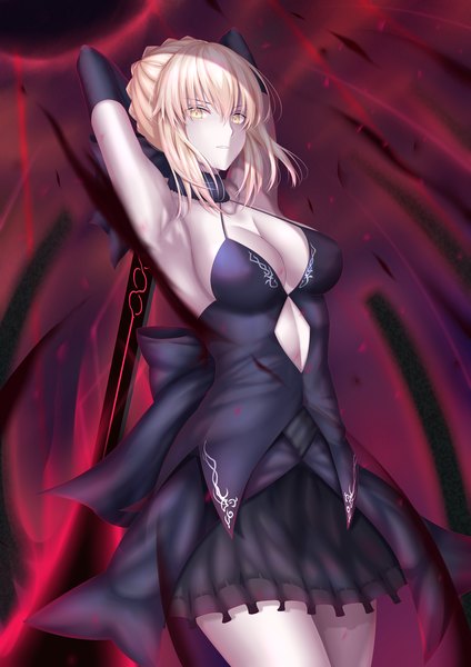 Anime picture 2480x3507 with fate (series) fate/grand order fate/stay night artoria pendragon (all) saber alter penguintake single tall image looking at viewer fringe highres short hair breasts light erotic blonde hair hair between eyes large breasts standing yellow eyes payot