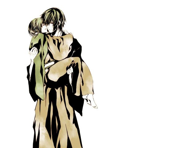 Anime picture 1200x960 with hakuouki shinsengumi kitan studio deen short hair simple background blonde hair white background holding eyes closed traditional clothes barefoot green hair couple hug monochrome boy