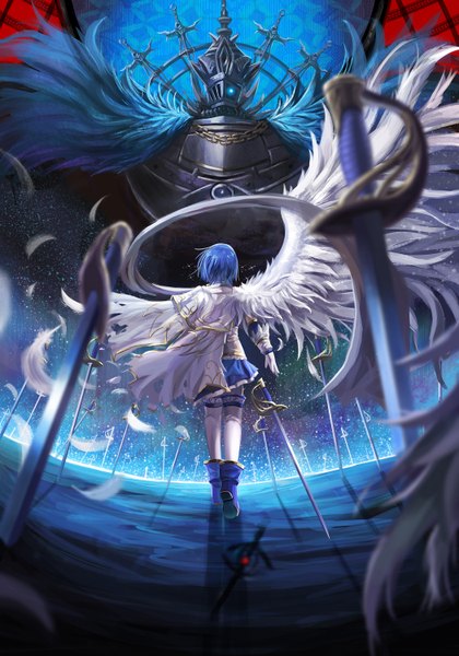 Anime picture 1049x1500 with fate (series) mahou shoujo madoka magica fate/stay night shaft (studio) studio deen type-moon miki sayaka oktavia von seckendorff saber 01 tall image short hair blue hair from behind torn clothes glowing glowing eye (eyes) single wing girl thighhighs sword