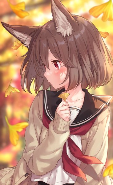 Anime picture 1181x1928 with original jimmy madomagi single tall image blush fringe short hair hair between eyes red eyes brown hair standing holding animal ears looking away upper body outdoors long sleeves profile blurry open clothes