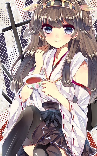 Anime picture 780x1254 with kantai collection kongou battleship gingetsu ringo single long hair tall image looking at viewer blush blue eyes brown hair sitting light smile nontraditional miko girl thighhighs skirt black thighhighs detached sleeves hairband teacup