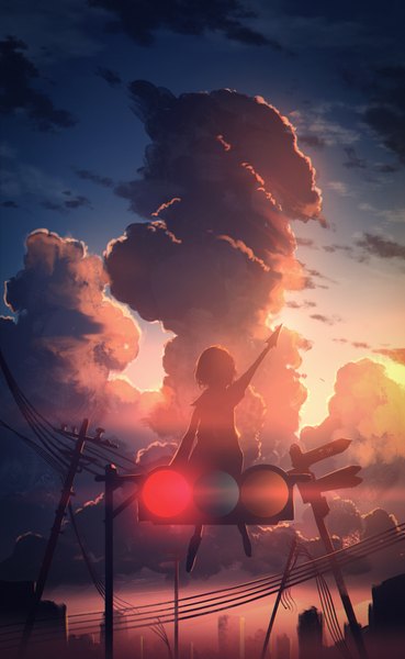 Anime picture 2520x4096 with original skyrick9413 single tall image highres short hair sitting cloud (clouds) full body arm up sunlight night arm support night sky city evening scenic girl building (buildings) power lines