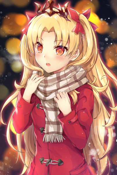 Anime picture 1318x1963 with fate (series) fate/grand order ereshkigal (fate) samoore single long hair tall image looking at viewer blush fringe open mouth blonde hair red eyes upper body blurry :o two side up lens flare exhalation girl