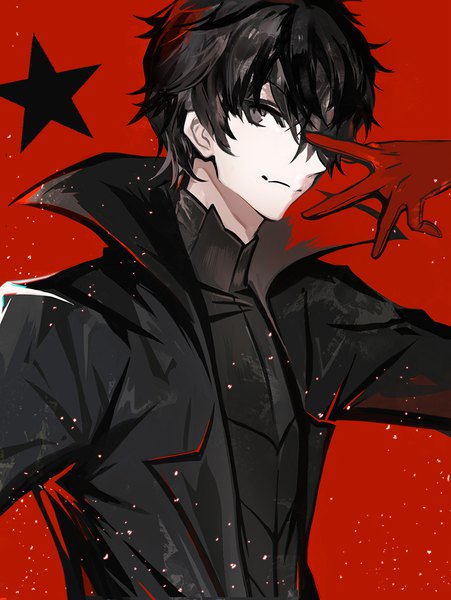 Anime picture 800x1063 with persona 5 persona amamiya ren juexing (moemoe3345) single tall image fringe short hair black hair simple background upper body black eyes hair over one eye red background boy gloves star (symbol) cloak red gloves
