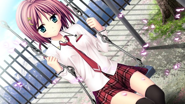 Anime picture 1280x720 with sakura sakimashita haruno tsubame akizuki tsukasa blush short hair blue eyes wide image game cg purple hair girl thighhighs skirt uniform black thighhighs school uniform miniskirt shirt petals necktie white shirt