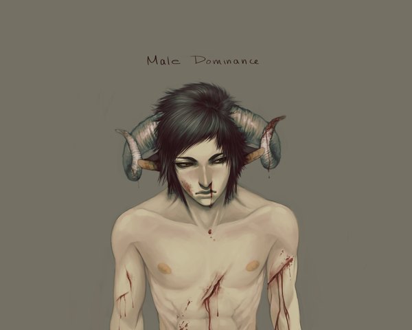 Anime picture 1920x1536 with amsbt single highres short hair light erotic black hair simple background horn (horns) grey background topless injury cuts guro nosebleed deep wound boy blood
