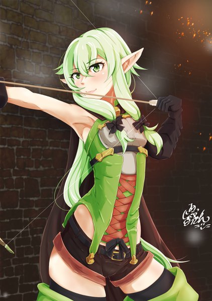 Anime picture 1764x2508 with goblin slayer! high elf archer (goblin slayer!) dragonoil single long hair tall image blush fringe highres smile hair between eyes standing green eyes signed looking away outdoors green hair pointy ears armpit (armpits) outstretched arm