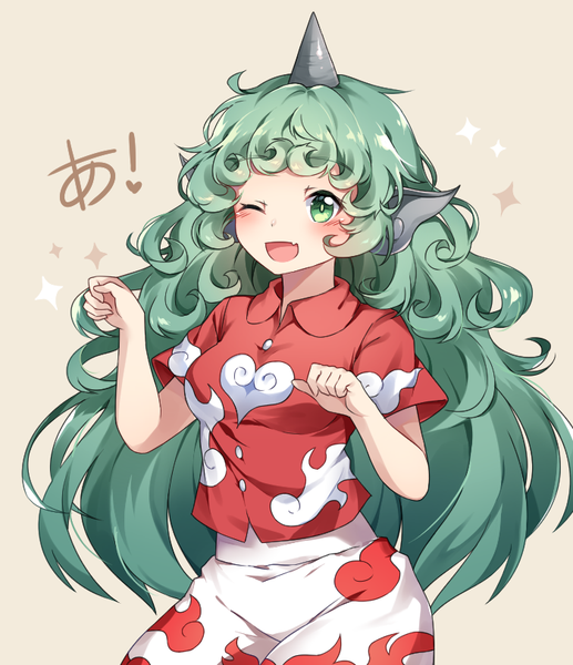 Anime-Bild 700x813 mit touhou komano aun caramell0501 single long hair tall image blush open mouth simple background green eyes upper body one eye closed horn (horns) green hair wink sparkle short sleeves fang (fangs) ;d paw pose