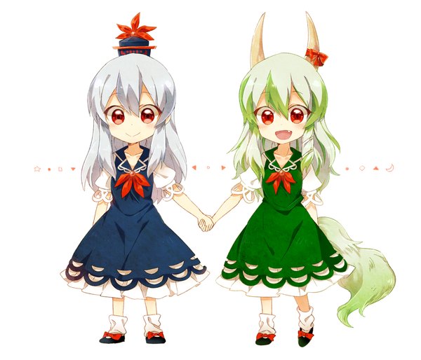 Anime picture 1023x877 with touhou kamishirasawa keine ex-keine six (fnrptal1010) long hair looking at viewer open mouth simple background smile red eyes white background multiple girls silver hair tail animal tail multicolored hair horn (horns) green hair two-tone hair teeth