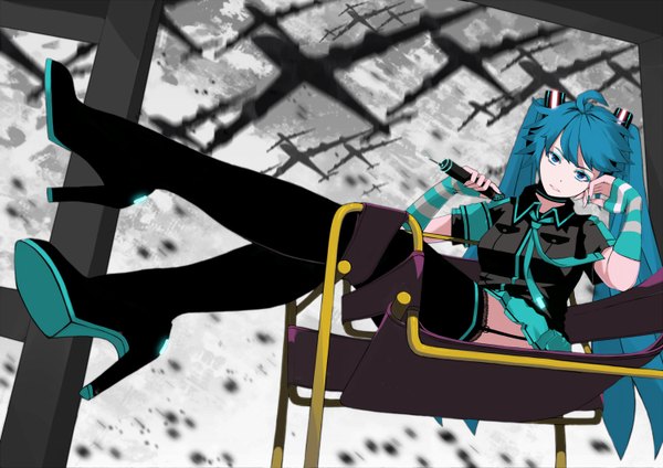 Anime picture 1500x1060 with vocaloid koi wa sensou (vocaloid) hatsune miku single long hair blue eyes sitting twintails blue hair girl thighhighs skirt black thighhighs miniskirt fingerless gloves microphone aircraft airplane