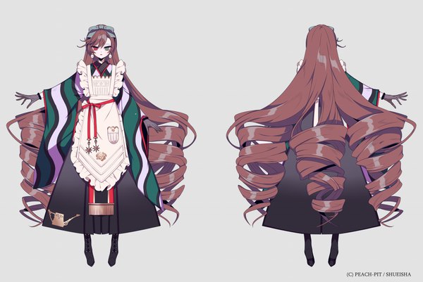 Anime-Bild 1090x729 mit rozen maiden suiseiseki shikimi (yurakuru) looking at viewer fringe brown hair full body very long hair grey background heterochromia outstretched arm drill hair adapted costume girl gloves earrings apron