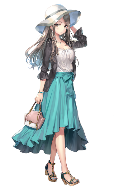 Anime picture 1000x1636 with original momoko (momopoco) single long hair tall image looking at viewer blush fringe breasts simple background brown hair white background holding brown eyes cleavage full body nail polish parted lips open clothes high heels