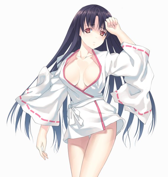 Anime picture 1230x1297 with original joeian (artist) single long hair tall image breasts light erotic black hair simple background red eyes white background traditional clothes girl