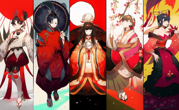 Anime picture 3389x2091 with original newo (shinra-p) long hair highres short hair black hair red eyes brown hair wide image multiple girls absurdres eyes closed traditional clothes japanese clothes black eyes multiple boys hand on chest looking up multiview column lineup