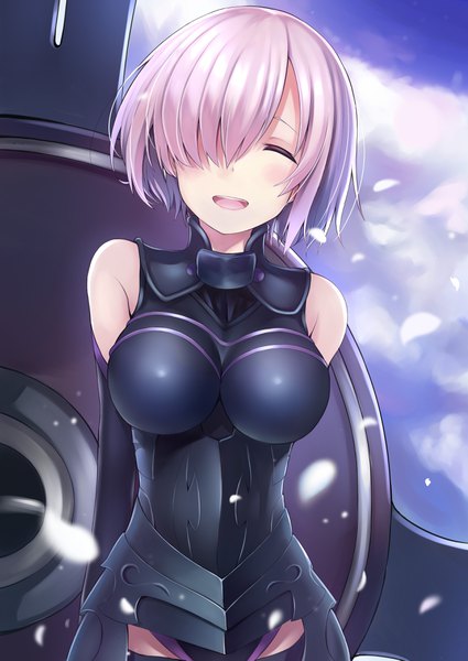 Anime picture 2508x3541 with fate (series) fate/grand order mash kyrielight nagiha kuten single tall image blush fringe highres short hair breasts open mouth light erotic smile large breasts standing bare shoulders pink hair sky cloud (clouds)