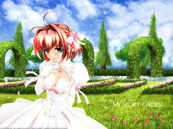 Anime picture 1280x960 with kimi ga nozomu eien suzumiya haruka single looking at viewer blush fringe short hair light erotic standing sky cloud (clouds) outdoors red hair sunlight embarrassed cleavage cutout arm behind back silver eyes hand to mouth girl