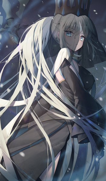 Anime picture 1169x2000 with fate (series) fate/grand order morgan le fay (fate) kuro futoshi single tall image looking at viewer fringe blue eyes blonde hair hair between eyes payot ponytail very long hair looking back wide sleeves girl dress gloves black gloves