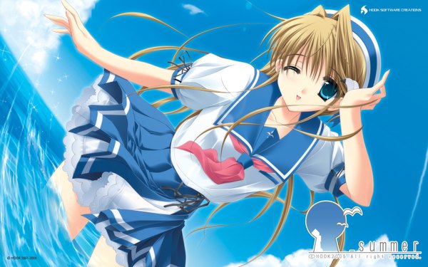 Anime picture 1440x900 with underbar summer hatano konami blue eyes blonde hair wide image one eye closed wink summer hat serafuku