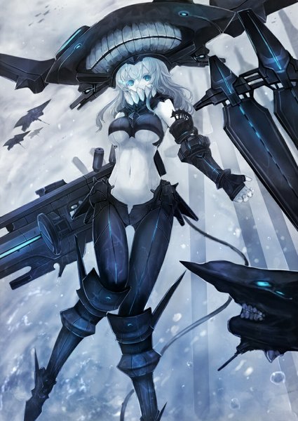 Anime picture 800x1128 with kantai collection wo-class aircraft carrier sumisu (mondo) single long hair tall image looking at viewer breasts blue eyes light erotic large breasts white hair teeth underboob covered navel glowing glowing eye (eyes) weightlessness shinkaisei-kan girl
