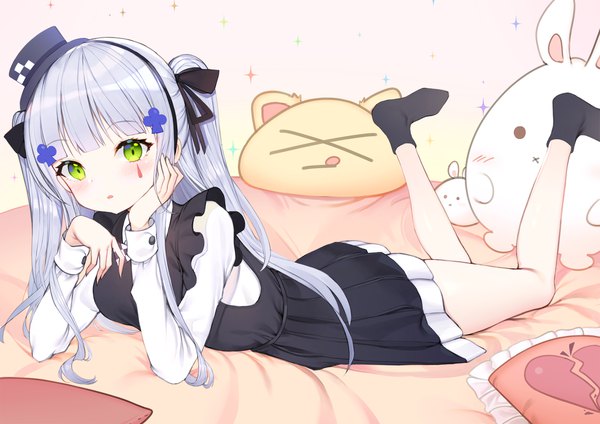 Anime picture 2300x1626 with girls frontline hk416 (girls frontline) hk416 (black kitty's gift) (girls frontline) topu tttanggvl single long hair looking at viewer blush fringe highres breasts open mouth green eyes silver hair indoors lying blunt bangs long sleeves bare legs