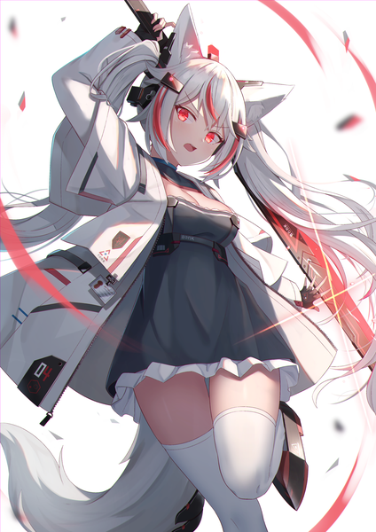 Anime picture 1654x2339 with original f (milfaaaaa) single long hair tall image looking at viewer blush fringe open mouth simple background red eyes standing white background twintails holding animal ears silver hair bent knee (knees) tail animal tail